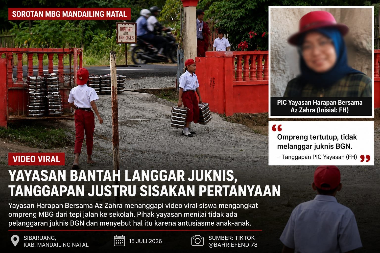 Siswa mengangkat ompreng Program Makan Bergizi Gratis di Sibaruang, Kecamatan Siabu, Kabupaten Mandailing Natal, yang menjadi sorotan publik setelah video viral di media sosial.